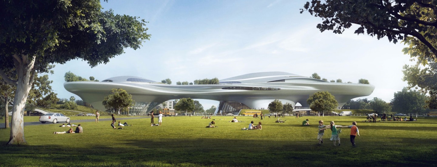 The Lucas Museum of Narrative Art wouldn't look out of place in one of George Lucas' movies and its sleek futuristic form is topped by a large green roof