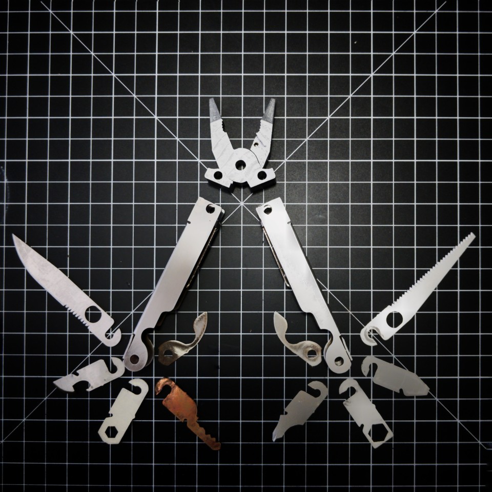An exploded view of the disassembled Goat Tools multitool