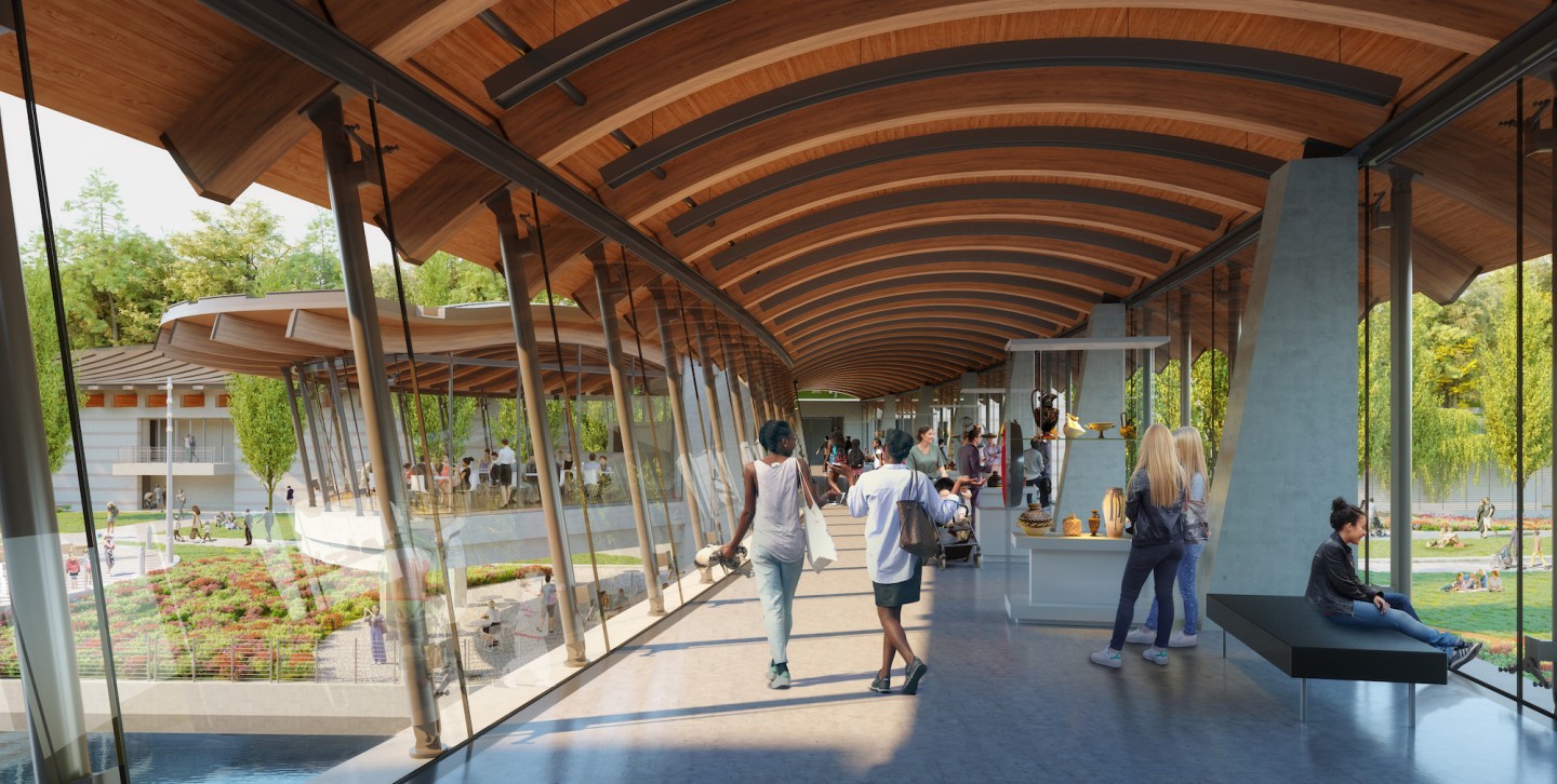 The Crystal Bridges Museum of American Art expansion will be centered around two new pavilion buildings and a connecting bridge, shown, which will host a cafe and other amenities
