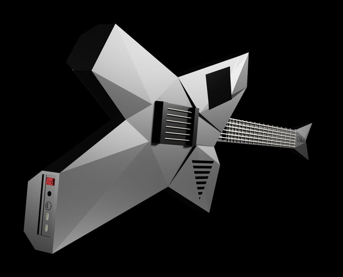 A production instrument will look something like this, and will boast an interactive neck with follow-the-light illumination at fret positions, touchscreen control, a built-in speaker, and integration with a learning app running on a smartphone