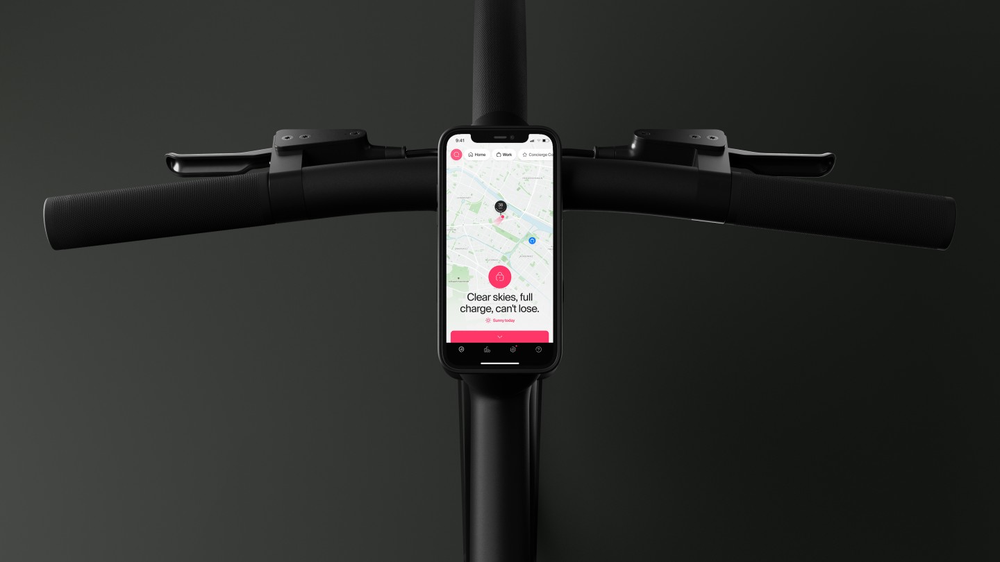 A smartphone running the new Cowboy app can be securely mounted to the C4 and C4 ST ebikes