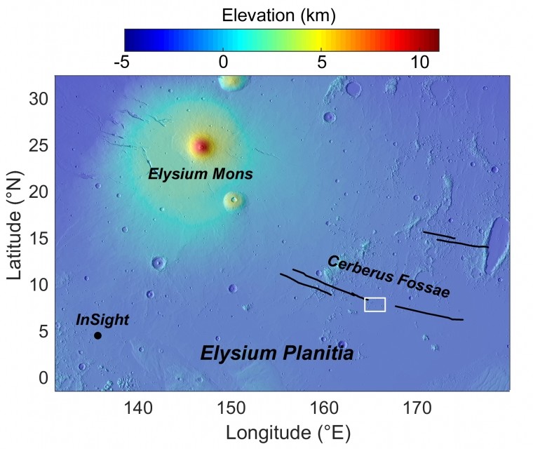The white square indicates where the "recent" eruption took place. NASA's InSight lander lies about 1,000 miles (1,600 km) away, while the large ancient volcano Elysium Mons towers over the plains to the northeast
