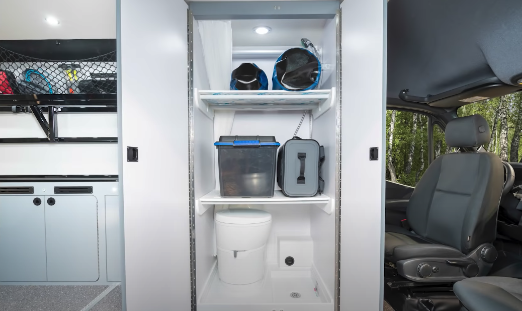 The wet bath doubles as a storage closet and drying room
