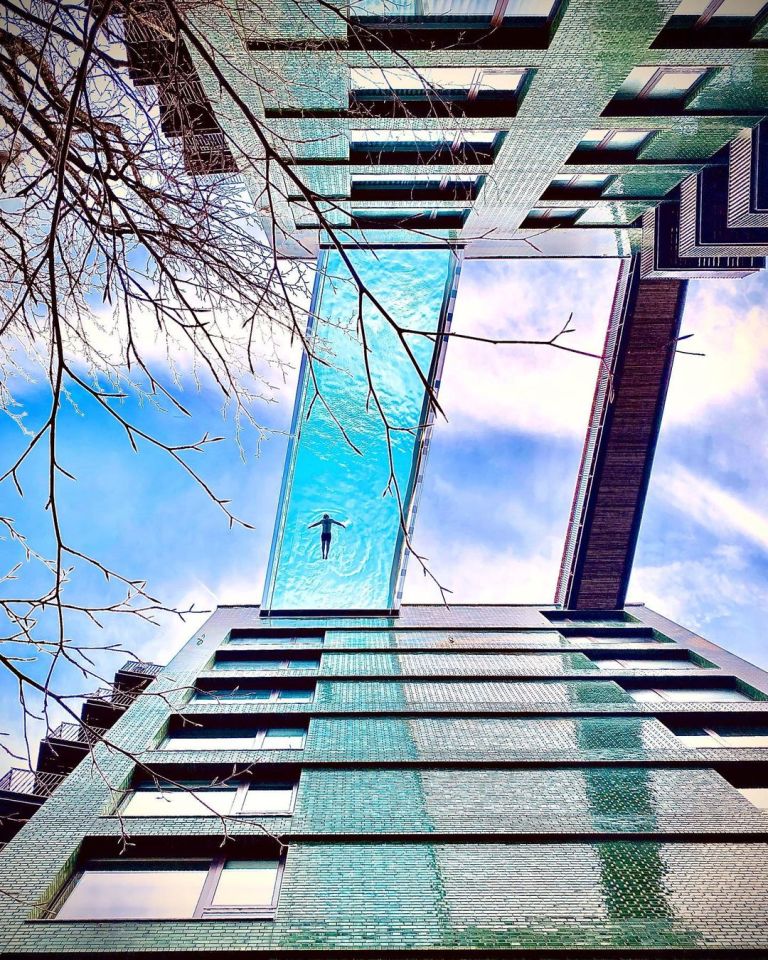 The Sky Pool measures 15 m (50 ft) in length and is filled with 148,000 liters (39,000 gallons) of water