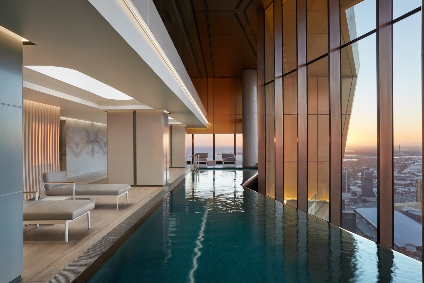 As well as the pool pictured, the Starburst hosts lounges, meeting spaces, dining rooms, a theater, two gyms, and a vertical sky-garden