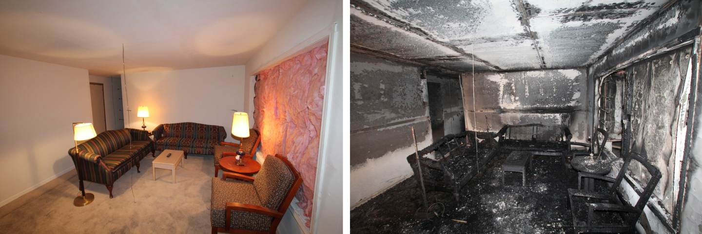 Before and after shots of the interior of the test home, which was intentionally set alight as part of Underwriters Laboratories experiments