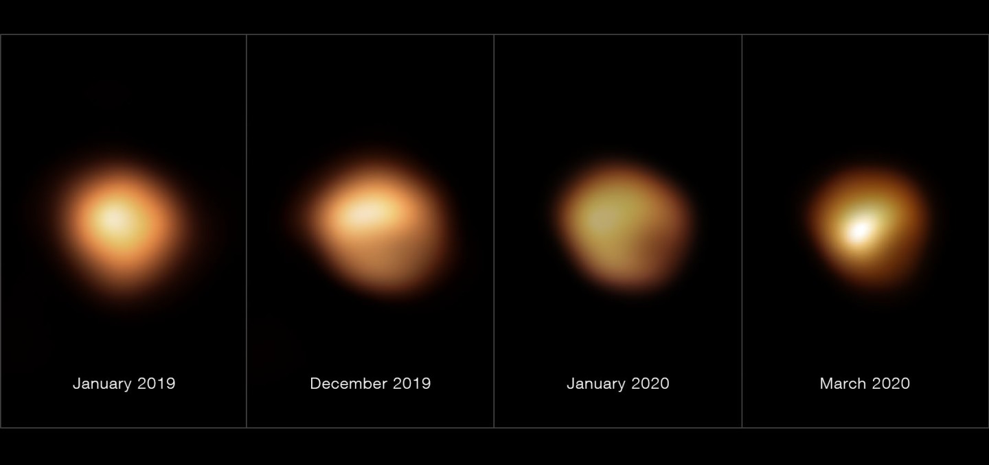 Images of the supergiant star Betelgeuse taken at different times, showing its progression through its dimming event
