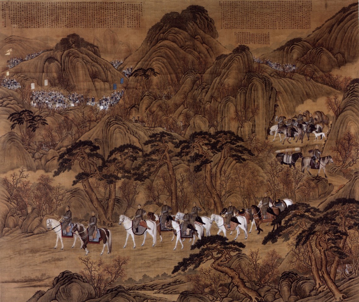 The Imperial Hunt of the Qing Dynasty was often the subject of paintings by Giuseppe Castiglione, the Italian Jesuit who served as a court painter to the Qianlong Emperor. This painting by Castiglione, entitled Deer Hunting Patrol, depicts the Royal entourage stretching many miles behind the front.