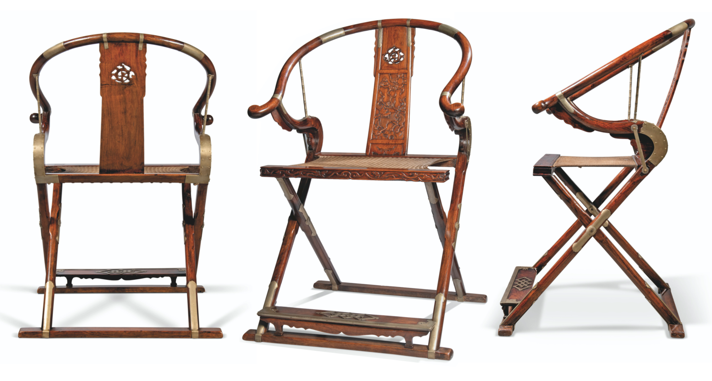 Three angles of the 17th Century Chinese Folding Horseshoe-Back Jiaoyi that sold for HKD$65,975,000 (US$8,502,370) at Christie’s Hong Kong on 28 May 2021