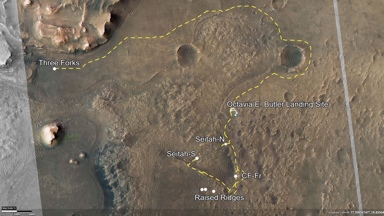 A map detailing the road trip ahead for the Mars Perseverance Rover