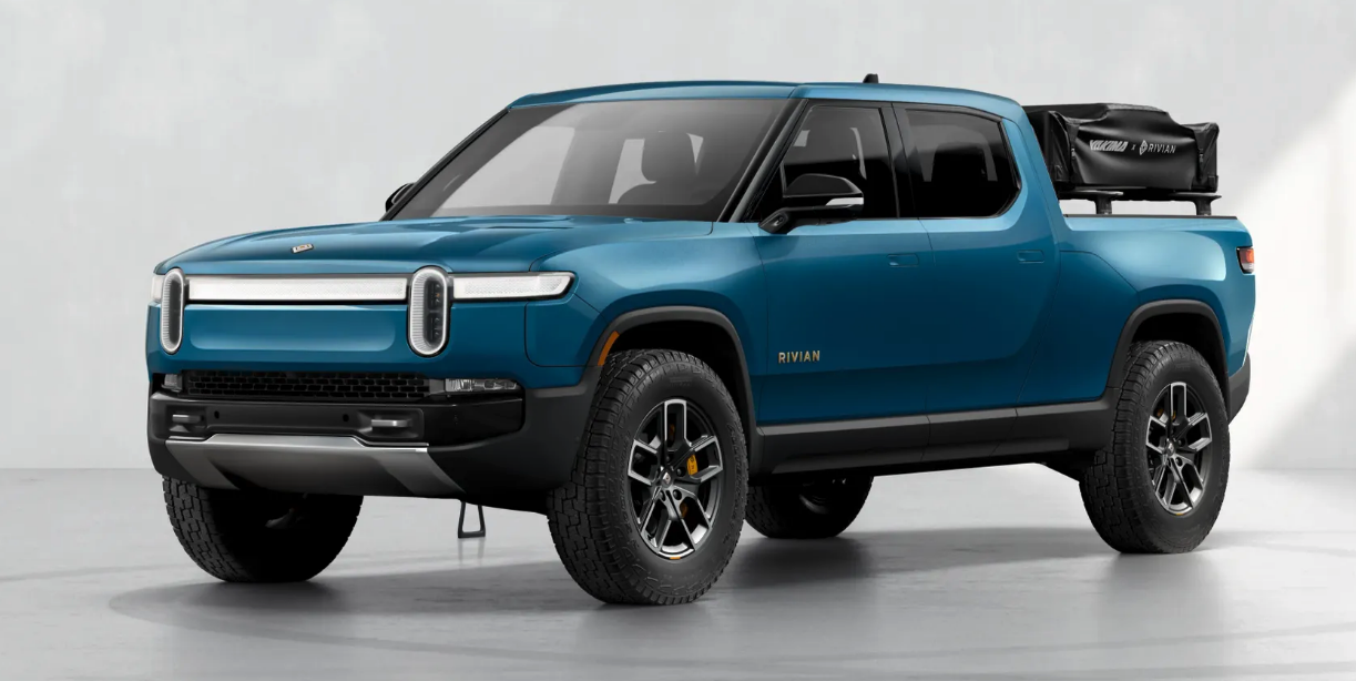 Rivian offers options like all-terrain tires, skid protection and tow hooks, and camping gear
