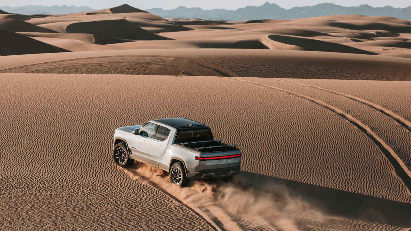 The Rivian R1T is ready to get off the beaten path, whether used as a camper truck, sports gear hauler or empty pickup