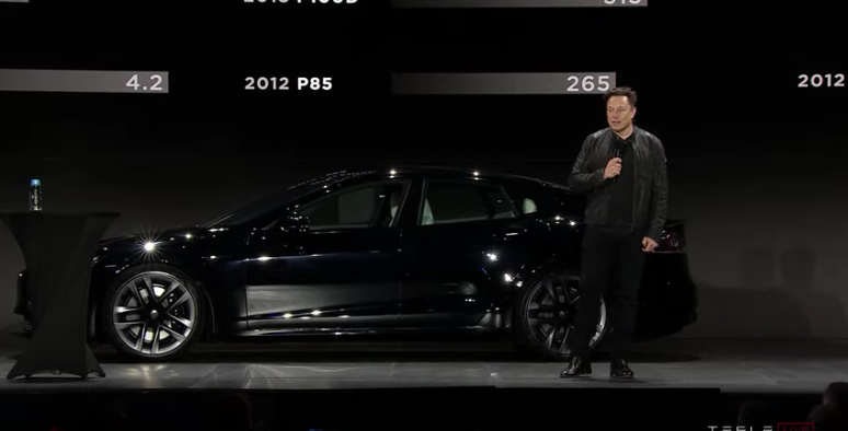 Tesla CEO Elon Musk on stage during the Model S Plaid reveal