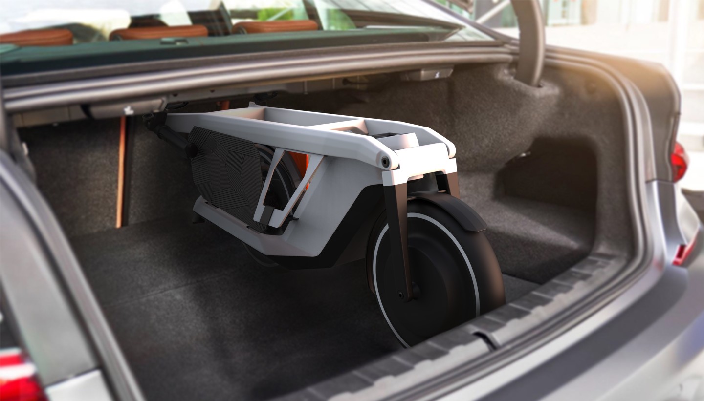 When folded for between-ride transport, the Clever Commute is compact enough to fit lengthways in the trunk of any 3 Series (or above) vehicle without needing to fold down the rear seats