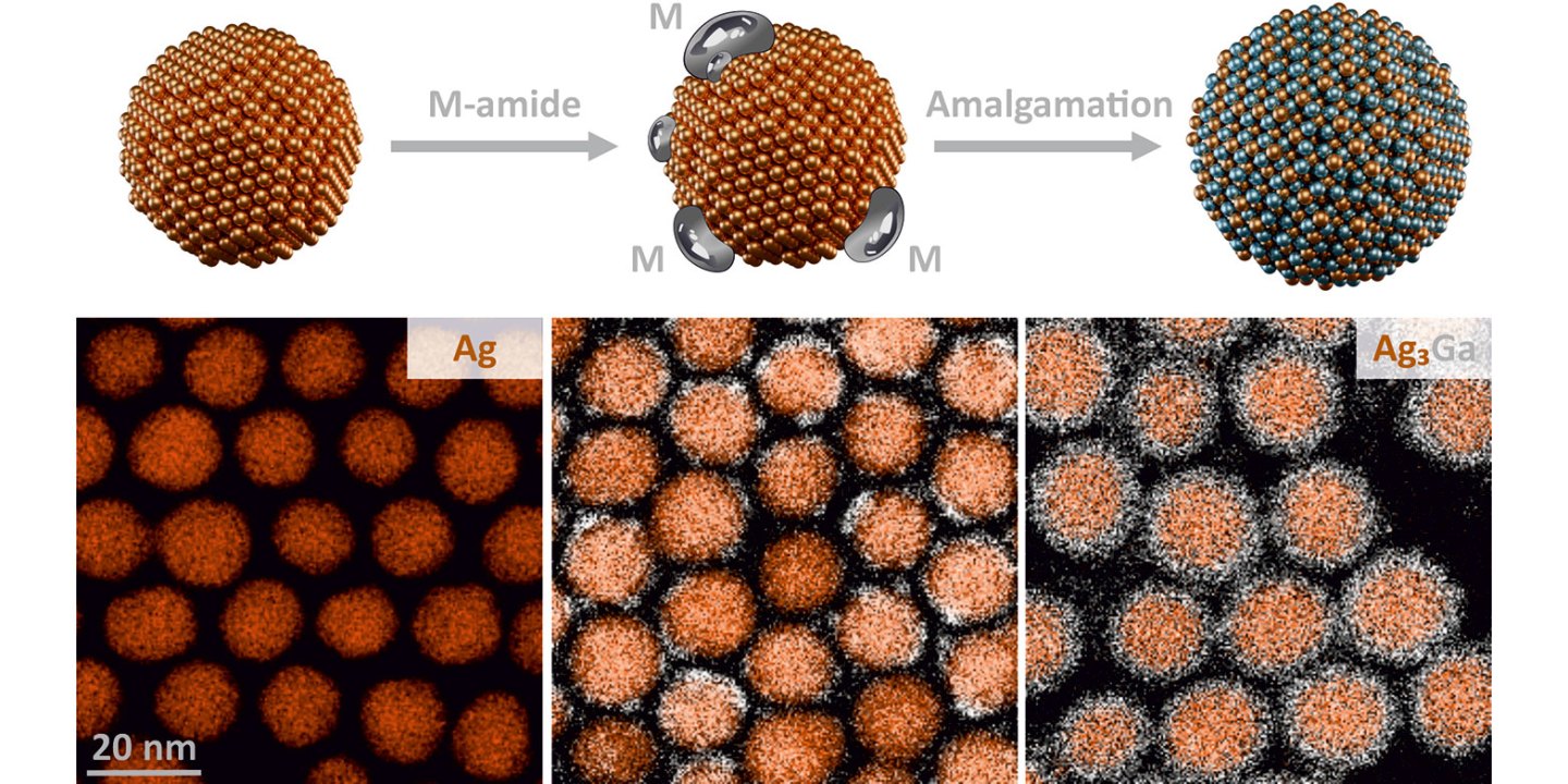 Top: illustrations depicting the amalgamation techniqueElectro microscope images of a series of new intermetallic nanocrystals