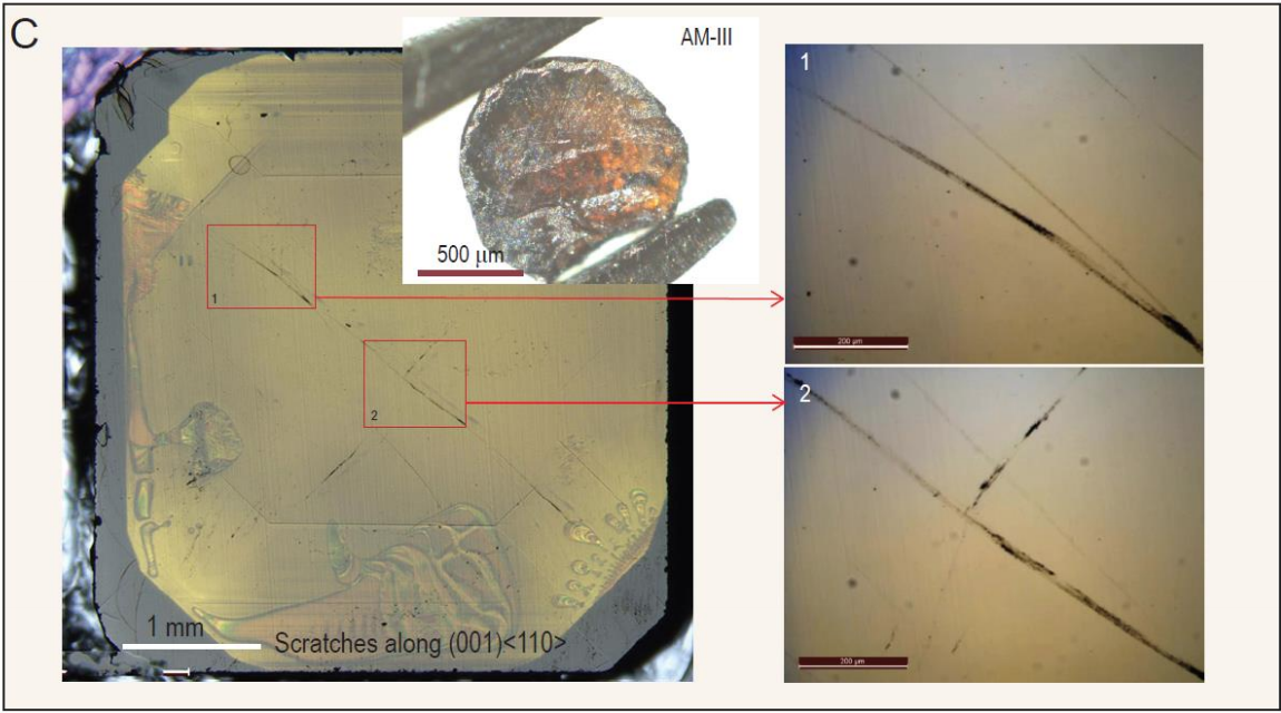 Images show scratches in the surface of a natural diamond, created by a hard new material known as AM-III