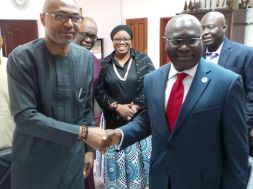 Mr. Emeka Mba, Director General, National Broadcasting Commission (NBC) in a handshake with Secretary General, Commonwealth Telecommunications Organisation, (CTO), Mr. Shola Taylor at the agreement-signing ceremony