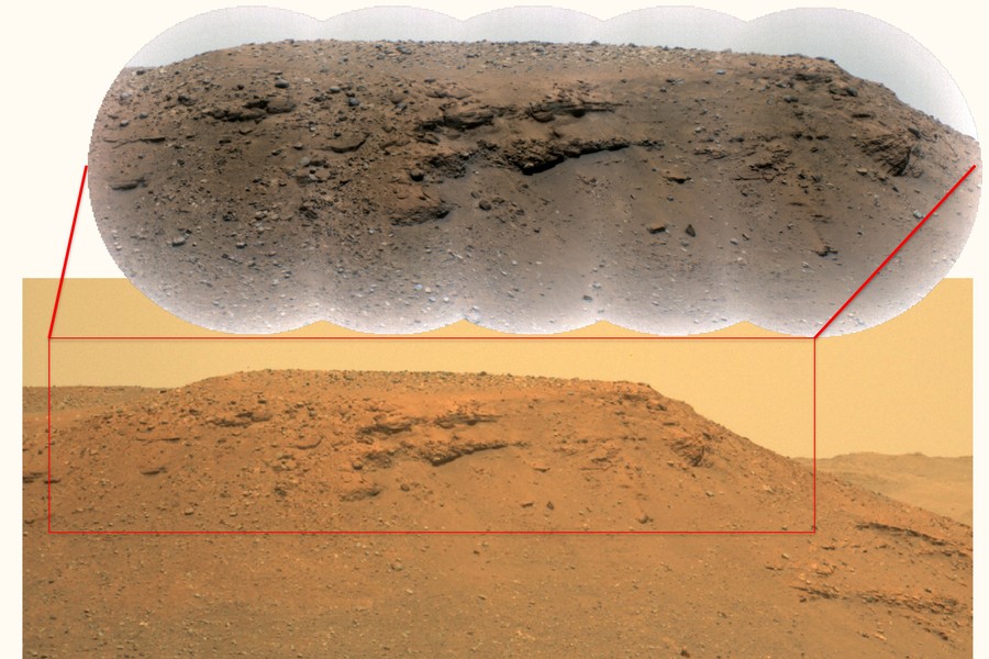 An image snapped by the Perseverance rover, of a scarp on the rim of Jezero crater. Scientists say that the larger rocks at the top are evidence of past flooding
