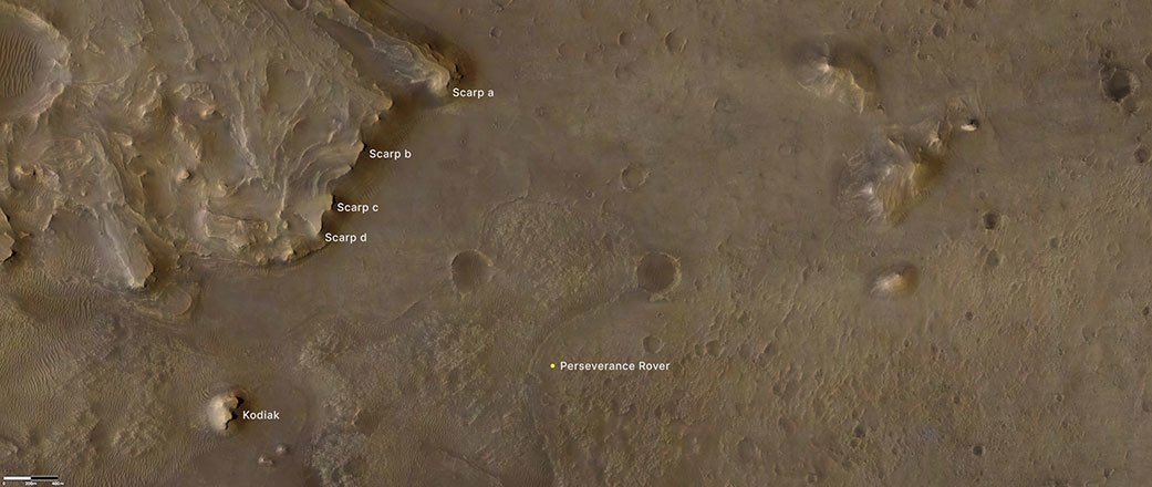 A satellite image of Jezero crater, highlighting the locations of the Perseverance rover and several geological features of interest