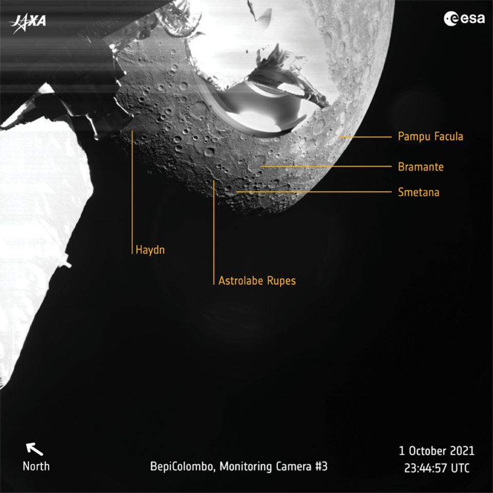 Image shows part of the southern hemisphere of Mercury, where extensive lava plains cover the surface