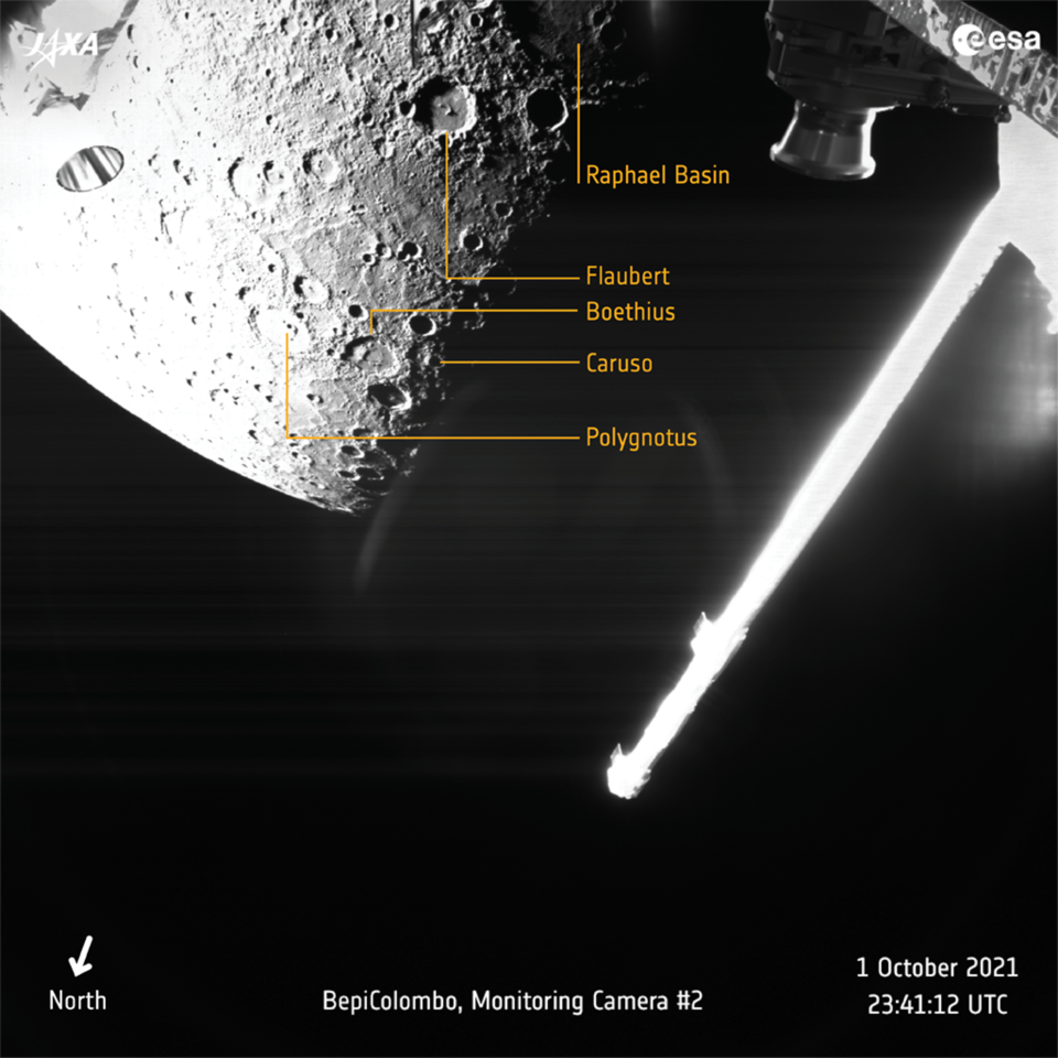 Annotated image of the 342-km (212-mile) Raphael crater, and nearby craters and surface features