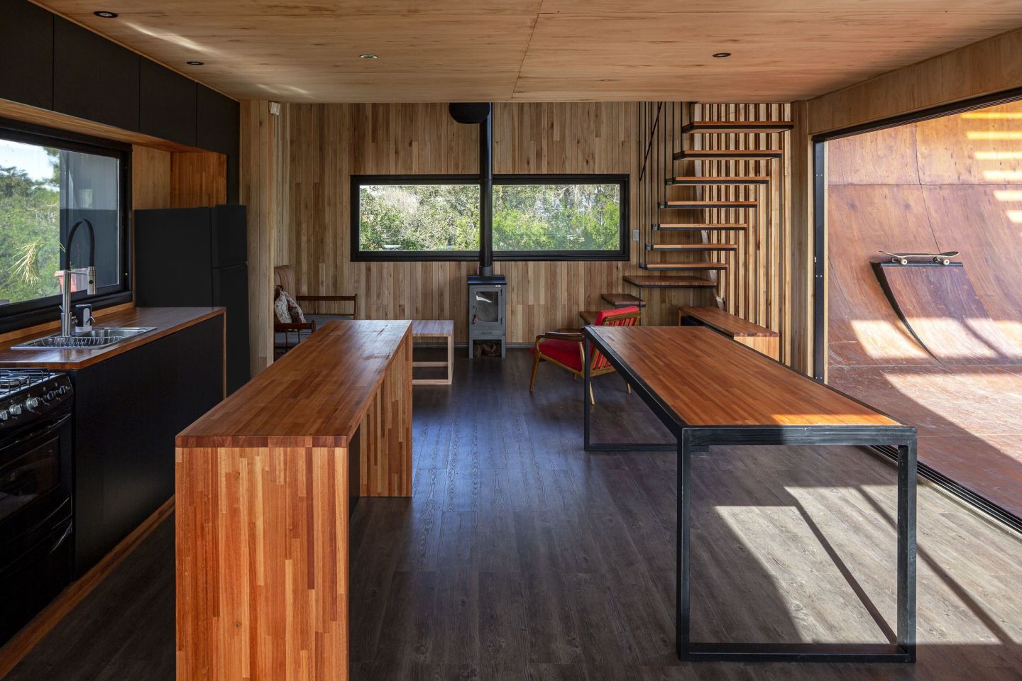 Skatehouse 2's interior is heated by a wood-burning stove