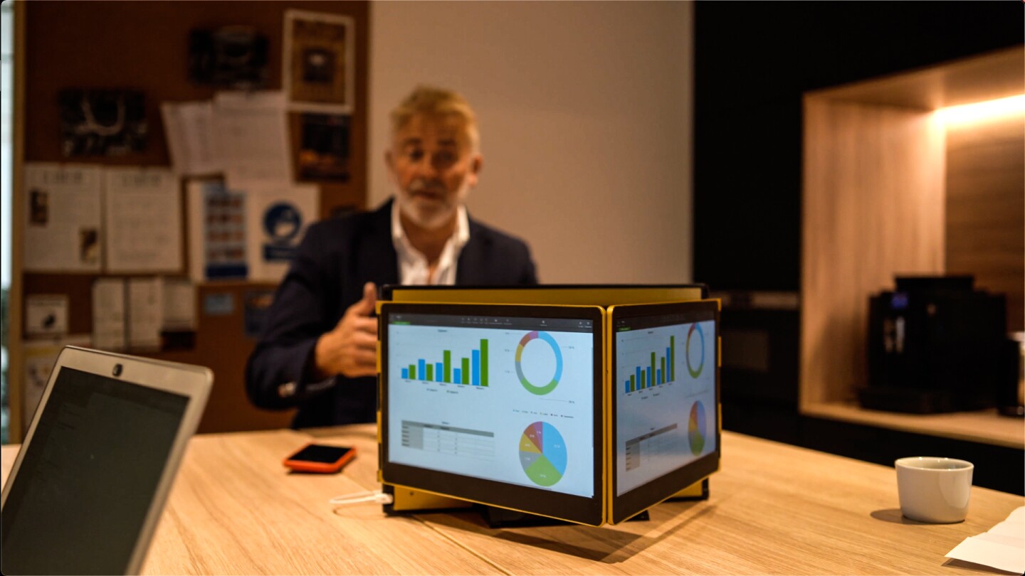 The slide-out screens are hinged so can swivel around during office meetings so that everyone can view a presentation