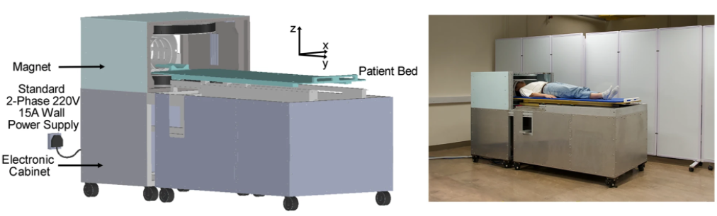 Left: A diagram of the portable MRI machine. Right: A patient using the new portable MRI machine