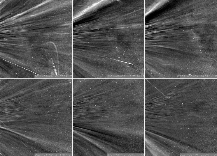Bright features known as "pseudostreamers" can be seen moving upward in the upper images and angled downward in the lower row