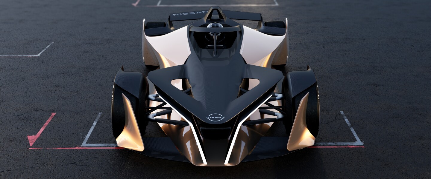 The extreme sides of the Nissan V-Motion grille are LEDs in the Nissan Ariya Single Seater Concept