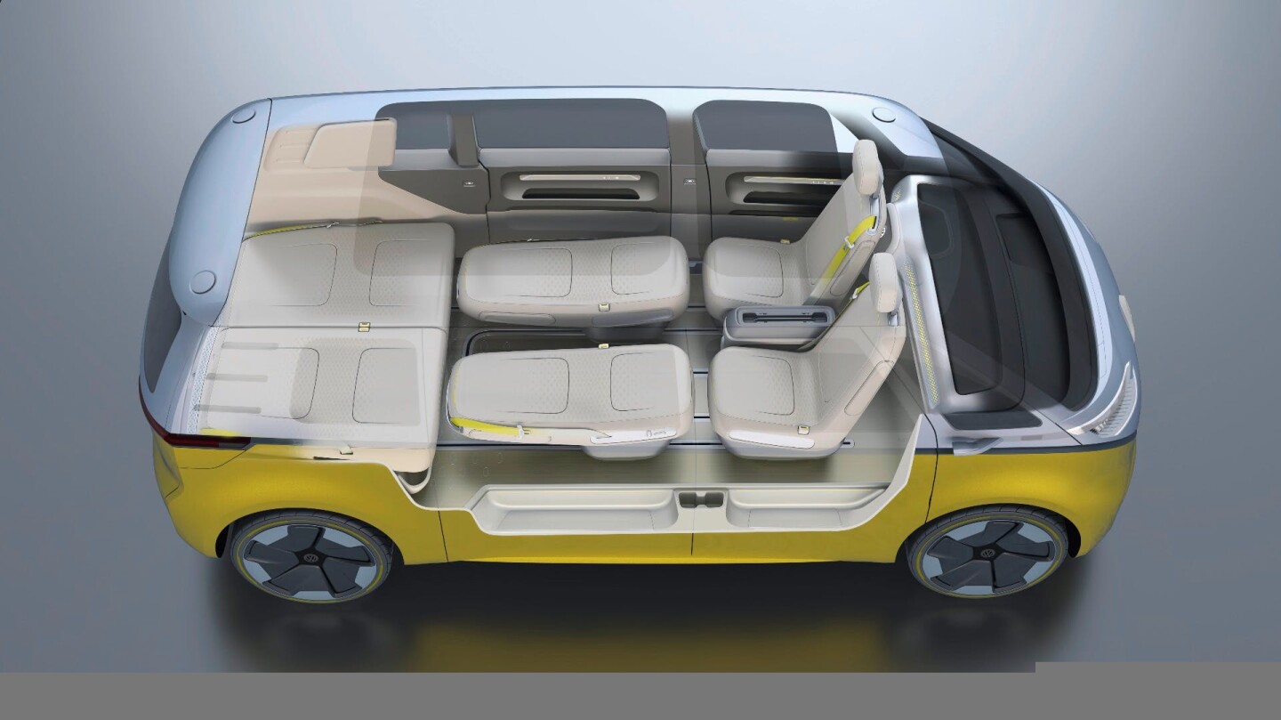 Everyone loves the iconic VW Transporter camper bus, and Volkswagen gives its I.D. Buzz concept camper-style swivel front seats and folding rear seats