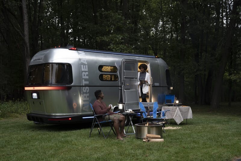 At camp, the Airstream eStream could park via app-based remote control and power equipment with its large automotive battery and roof-integrated solar