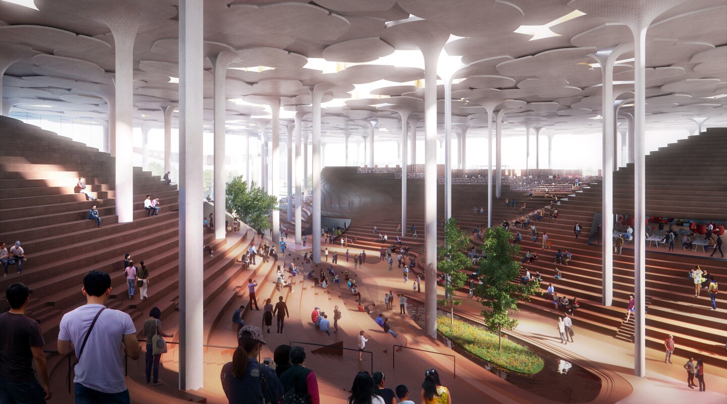 The Beijing Sub-Center Library's interior has been designed to include amphitheater-like seating and encourage socializing