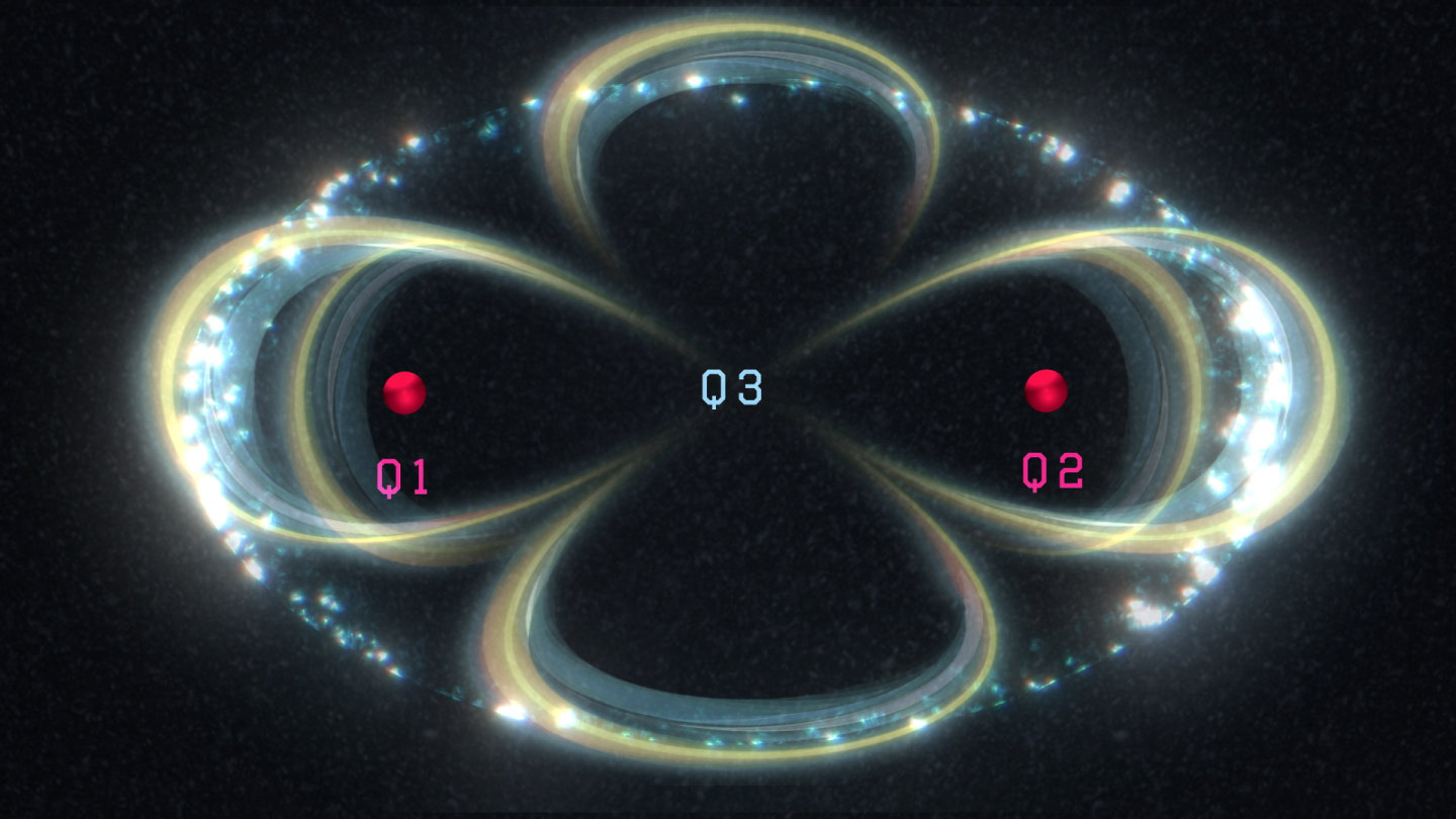 A diagram of the UNSW team's silicon quantum processor – the red dots represent the phosphorus atom qubits, while the electron (shiny oval) encompasses them both