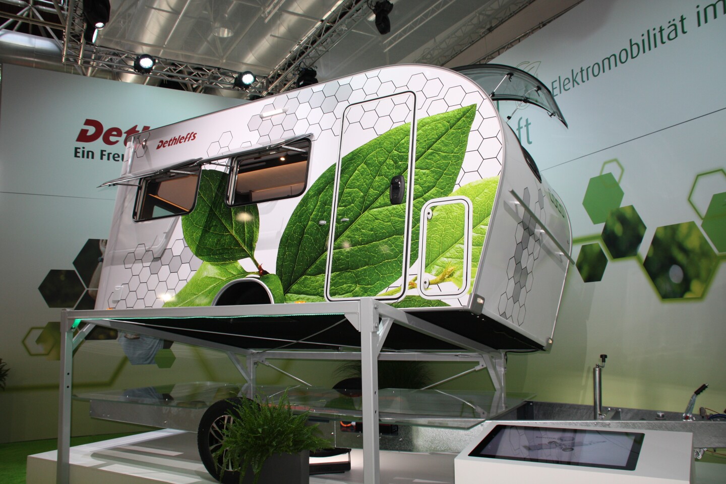 The eTrailer system is an electric drive system that could underpin a variety of self-powered caravans; here, an early prototype is paired with the Dethleffs Coco