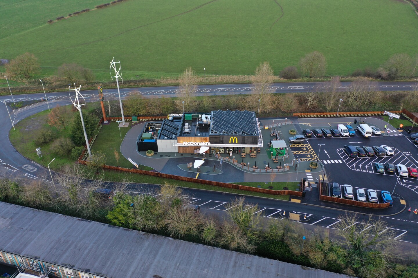 Market Drayton McDonald's features solar panels and wind turbines, which generate 60,000 kWh of energy annually