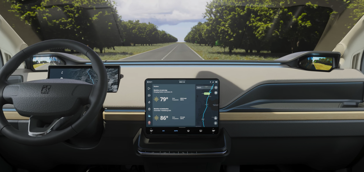 The cockpit is highly digital with an oversized central touchscreen, digital instruments and side-view camera displays