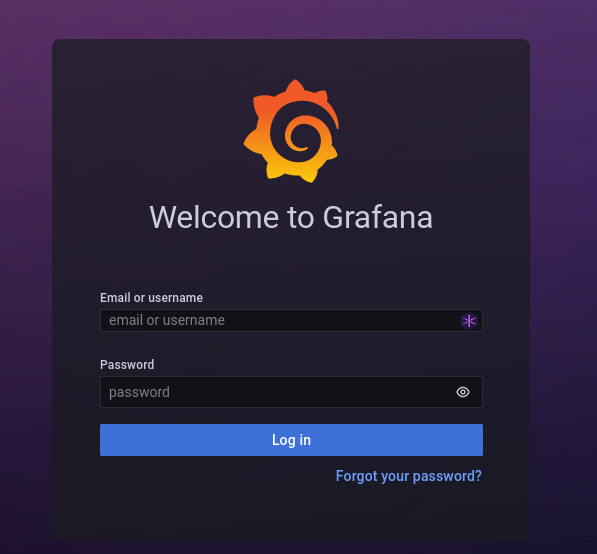 The Grafana login window requires the default username/password of admin/admin.