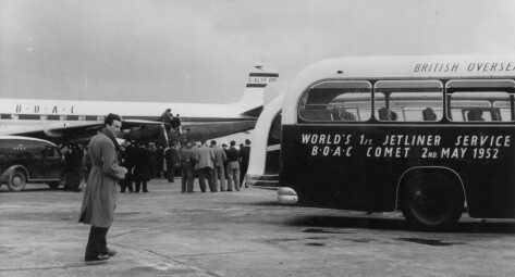 Passengers boarding the world's first jetliner flight