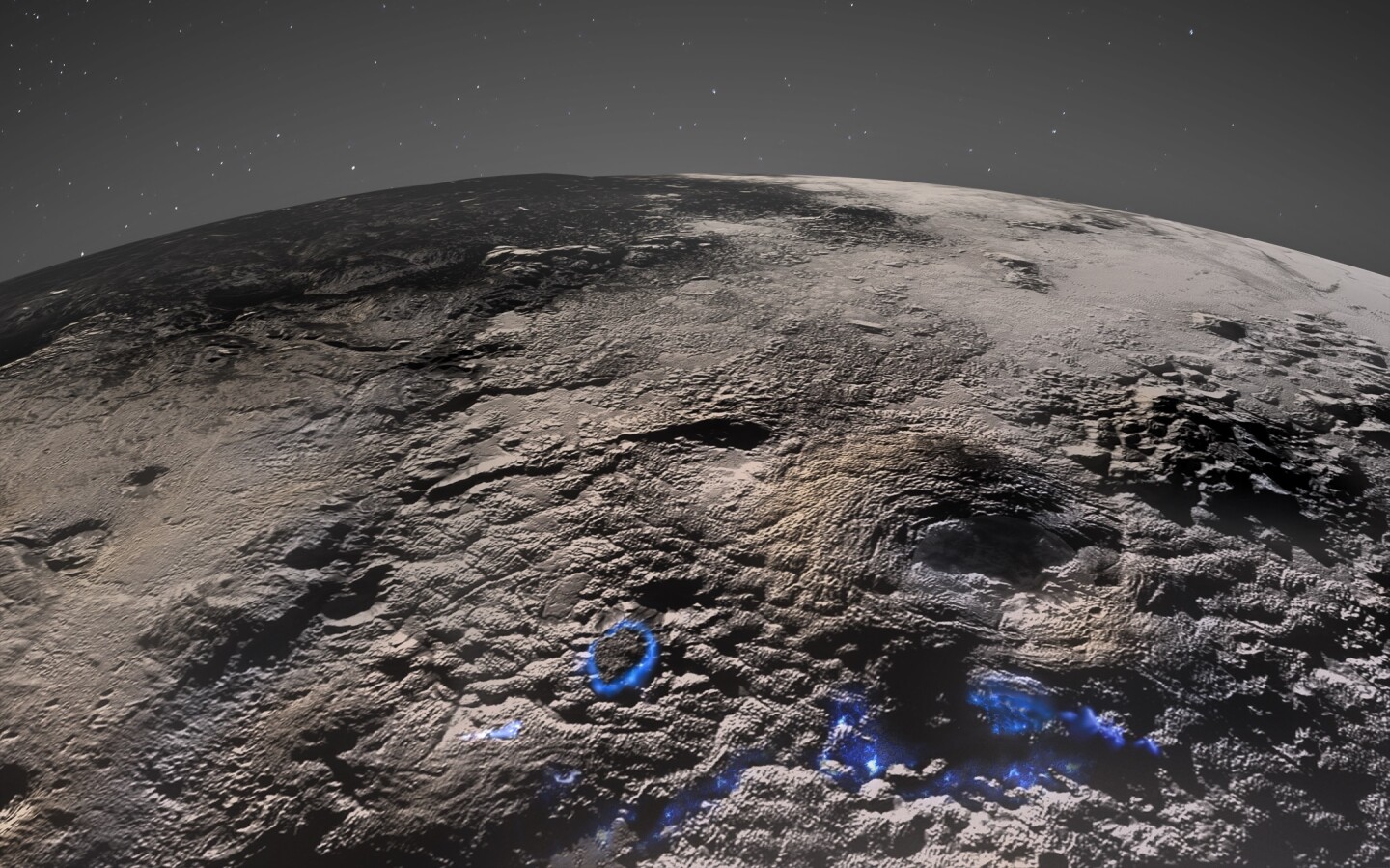 New Horizons images of Pluto's surface, showing the region that may have been produced through cryovolcanism. The areas highlighted in blue indicate how past cryovolcanic activity may have occurred