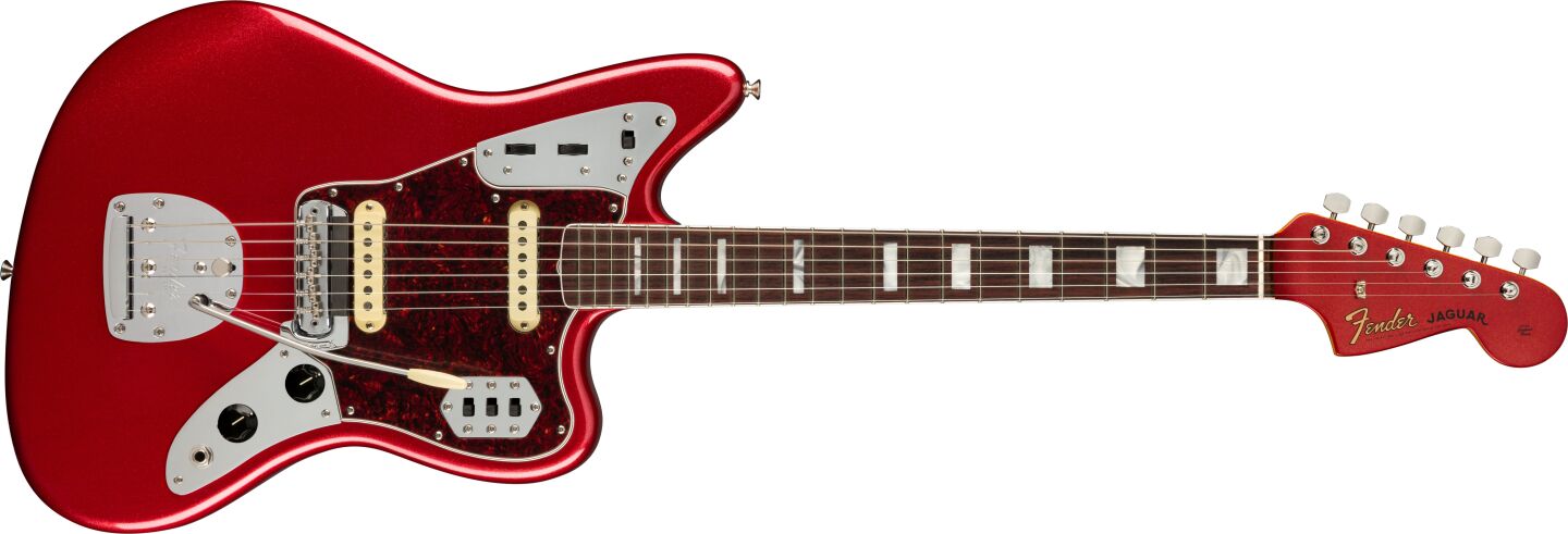 The standard 60th Anniversary Jaguar in red carries over much of the technology of the original, including intricate wiring, lots of chrome, a short-scale neck and separate bridge and floating vibrato