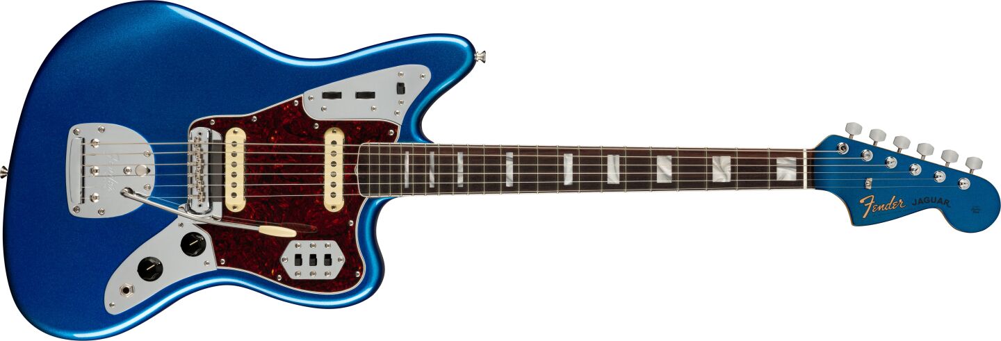 The 60th Anniversary Jaguar in blue features two single-coil pickups selected using the slide switches on the upper and lower body