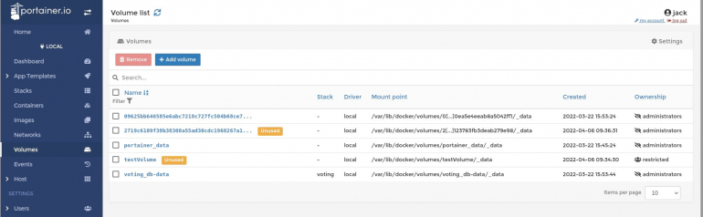 The Portainer Volumes manager window makes it easy to work with persistent storage for your containers.