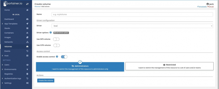 Creating a local volume in Portainer.