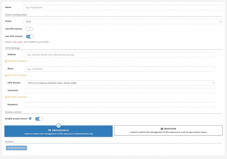 Creating a CIFS share in Portainer.