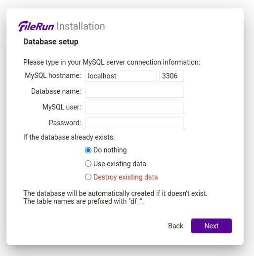 The Filerun database setup window.