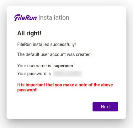 Our Filerun installation is complete and this is our default account credentials.