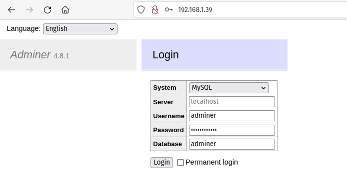 The Adminer login screen.