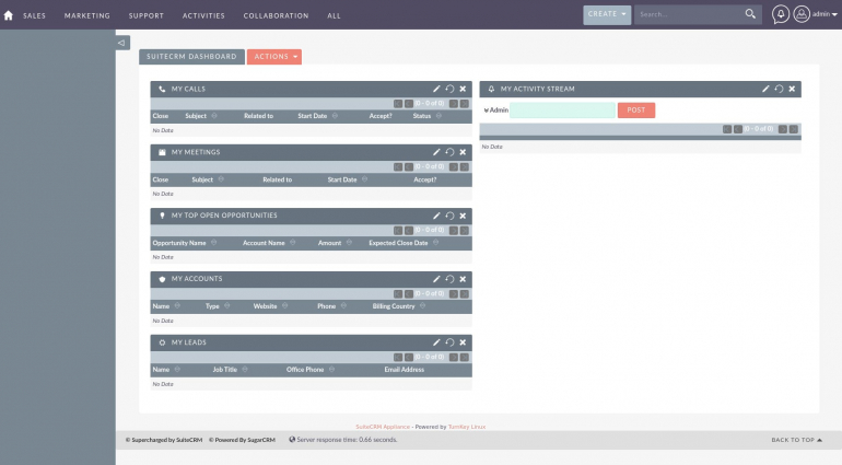 The SuiteCRM instance is ready to manage your customer relationships.