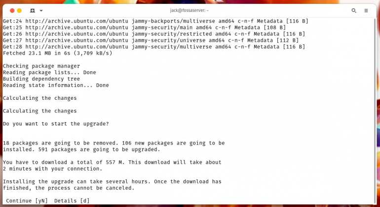 Eighteen packages will be removed, 106 new packages will be installed and 591 packages will be upgraded in my example.